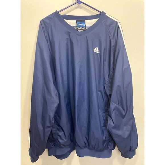 Vintage Adidas Pullover Mens 2XL Navy Jacket Windbreaker Lined 3 Stripe 90s - Picture 1 of 9